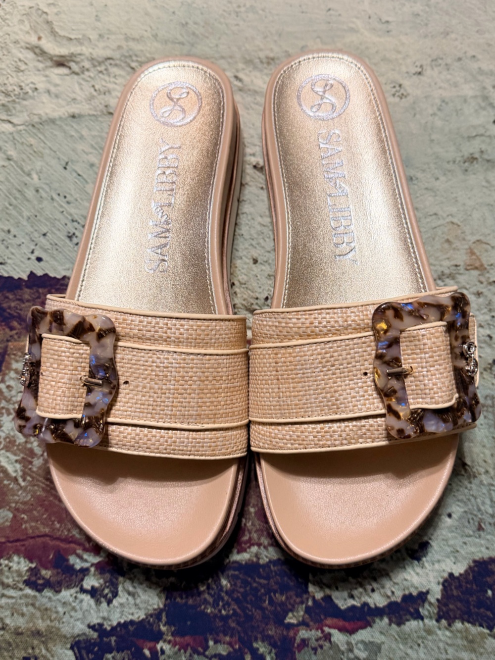 Sam & Libby Beige Slide Sandals with Tortoiseshell Buckle